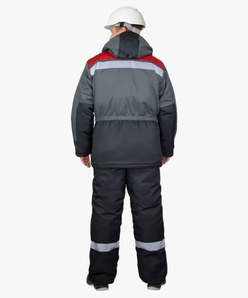 Костюм СИРИУС-ПАРИТЕТ-РОСС зимний, куртка длинная, брюки, черный с темно-серым, красным и СОП