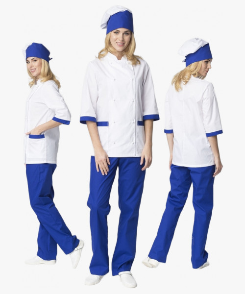 Костюм женский повара Гастроном (тк.ТиСи), белый/васильковый