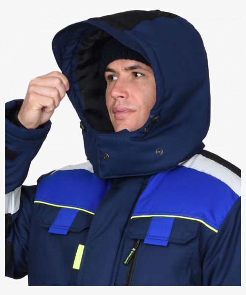 Костюм СИРИУС-БОСТОН-РОСС зимний, куртка длинная, п/к, синий с васильковым, чёрной отделкой и СОП