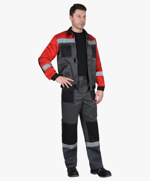 Костюм СИРИУС-ЛИГОР-2 куртка короткая, брюки, темно-серый с красным и черным, СОП