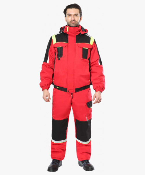 Костюм СИРИУС-СТАН куртка, п/к, красный с черным и лимонной отделкой