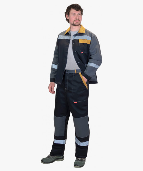 Костюм СИРИУС-ПРОФИЛЬ куртка, брюки, черный с темно-серым с горчичной отделкой и СОП