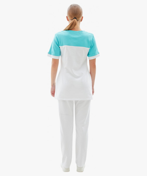 Костюм женский трикотажный Т-536, блуза, брюки, белый с бирюзовым