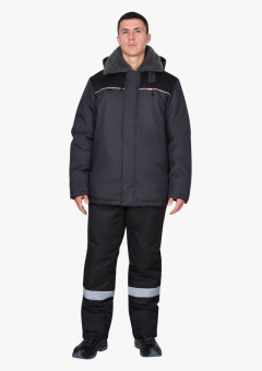 Куртка СИРИУС-МАСТЕР-М зимняя, муж. с мех. воротником и капюшоном, тёмно-серая с черым и СВ кантом