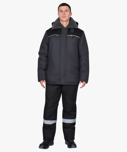 Куртка СИРИУС-МАСТЕР-М зимняя, муж. с мех. воротником и капюшоном, тёмно-серая с черым и СВ кантом