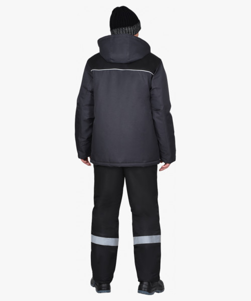 Куртка мужская зимняя СИРИУС-МАСТЕР-М, с флисовым воротником и капюшоном, тёмно-серая с чёрным и СВ кантом