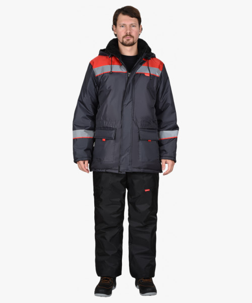 Куртка СИРИУС-БРИГАДИР зимняя мужская с мех. воротником и капюшоном, темно-серая с красным