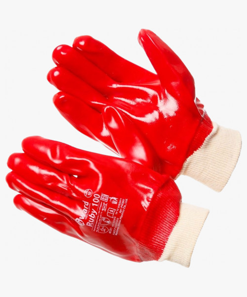 Ruby100 Перчатки МБС, интерлок с покрытием ПВХ красного цвета