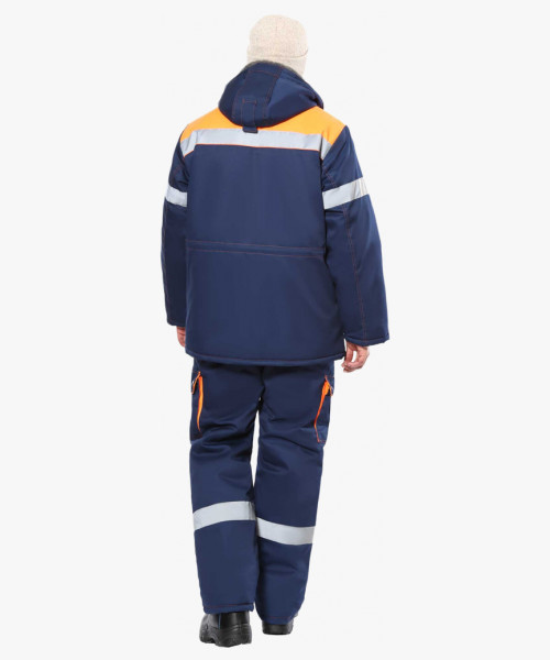 Костюм СИРИУС-ЛИДЕР-М куртка дл., п/к синий с оранжевым, мех. воротник, СОП