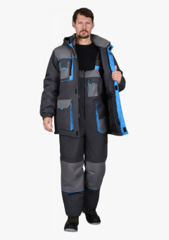 Костюм СИРИУС-ДВИН зимний, куртка удл., п/к т.серый со ср.серым и голубой отделкой