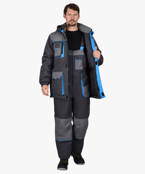 Костюм СИРИУС-ДВИН зимний, куртка удл., п/к т.серый со ср.серым и голубой отделкой
