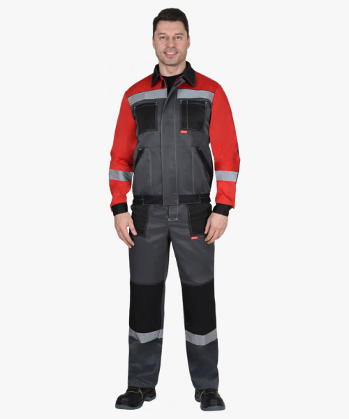 Костюм СИРИУС-ЛИГОР-2 куртка короткая, брюки, темно-серый с красным и черным, СОП