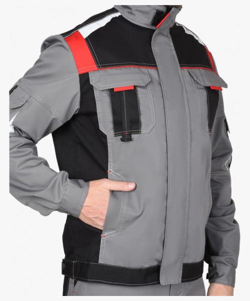 Костюм СИРИУС-СТАН куртка, п/к ср.серый с черной и красной отделкой