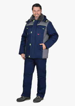 Куртка СИРИУС-ФАВОРИТ удлиненная, мех. воротник, т-синяя со ср.серым и лимонным кантом