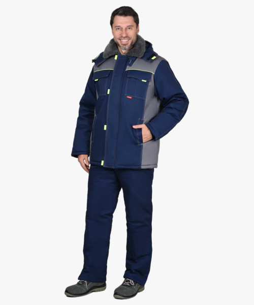 Куртка СИРИУС-ФАВОРИТ удлиненная, мех. воротник, т-синяя со ср.серым и лимонным кантом