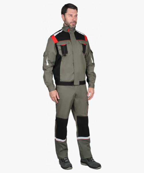 Костюм СИРИУС-СТАН куртка, брюки оливковый с черной и красной отделкой