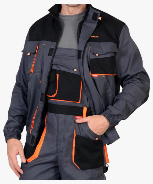 Костюм СИРИУС-МАНХЕТТЕН куртка, п/к т.серый с оранж. и черным тк. стрейч пл. 250 г/кв.м