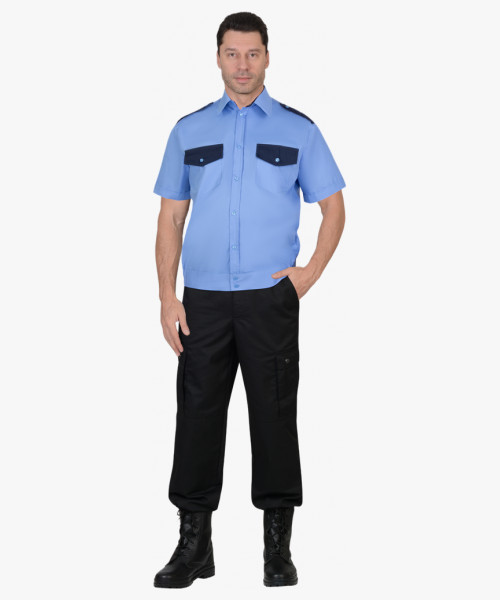 Рубашка Охранника на резинке, короткий рукав, голубая с темно-синим