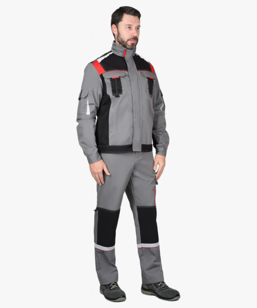 Костюм СИРИУС-СТАН куртка, п/к ср.серый с черной и красной отделкой