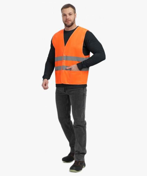 Жилет сигнальный ProfLineBase с пуговицами и карманами (тк.Полиэфир,100), оранжевый