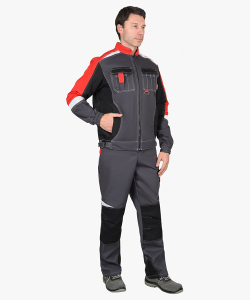 Костюм мужской летний СИРИУС-ФАВОРИТ-МЕГА куртка и полукомбинезон, серый с черным и красным, СОП