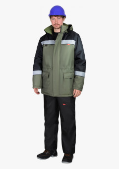 Куртка СИРИУС-БРИГАДИР зимняя мужская с капюшоном, хаки с черным и СОП