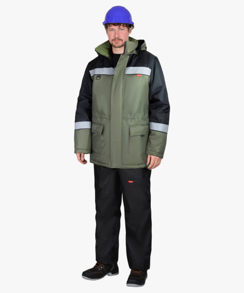 Куртка СИРИУС-БРИГАДИР зимняя мужская с капюшоном, хаки с черным и СОП