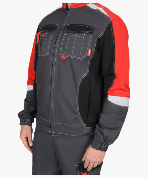 Костюм мужской летний СИРИУС-ФАВОРИТ-МЕГА куртка и полукомбинезон, серый с черным и красным, СОП