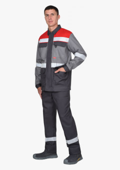 Костюм СИРИУС-ПАРИТЕТ куртка удлиненная, брюки, темно-серый со средне-серым, красным и СОП