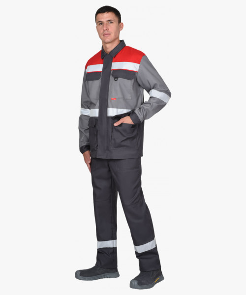 Костюм СИРИУС-ПАРИТЕТ куртка удлиненная, брюки, темно-серый со средне-серым, красным и СОП