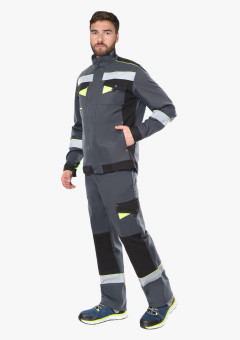 Костюм мужской летний СИРИУС-ХОВАРД куртка, полукомбинезон, тёмно-серый с черным, лимонной отделкой и СОП