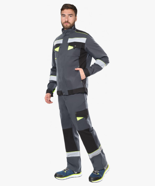 Костюм мужской летний СИРИУС-ХОВАРД куртка, полукомбинезон, тёмно-серый с черным, лимонной отделкой и СОП