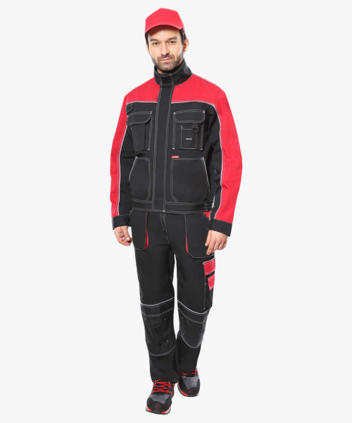 Костюм СИРИУС-АГАТ куртка, п/к черный с красным пл. 260 г/кв.м. ВО отделка