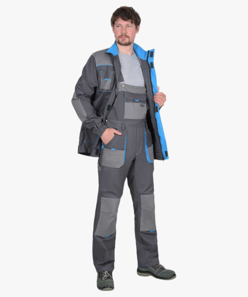 Костюм СИРИУС-ДВИН куртка, полукомбинезон т.серый со ср.серым и голубой отделкой пл. 275 г/кв.м