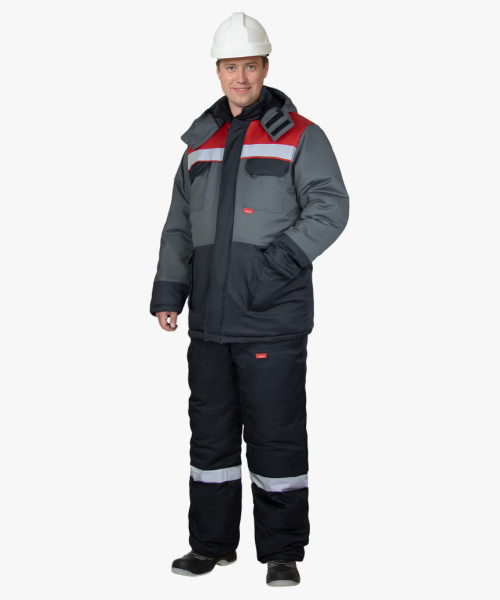 Костюм СИРИУС-ПАРИТЕТ-РОСС зимний, куртка длинная, брюки, черный с темно-серым, красным и СОП