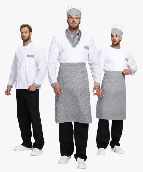 Костюм повара Шеф-2 (тк.ТиСи), белый/черный/принт-клетка