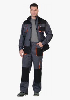 Костюм СИРИУС-МАНХЕТТЕН куртка дл., брюки т.серый с оранж. и черным тк. стрейч пл. 250 г/кв.м