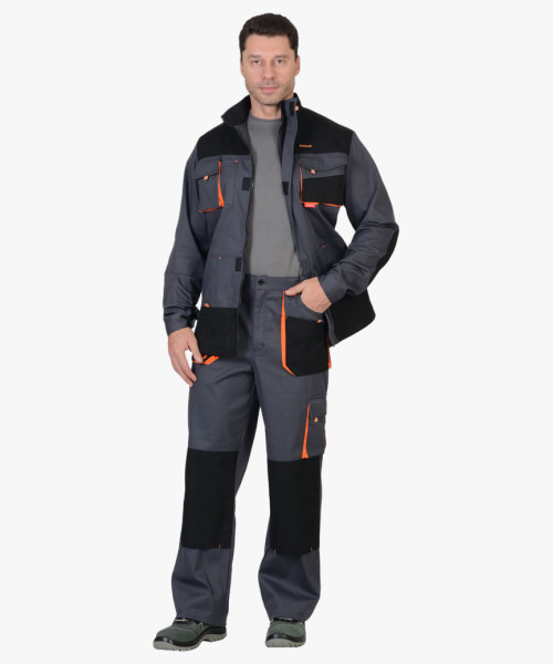 Костюм СИРИУС-МАНХЕТТЕН куртка дл., брюки т.серый с оранж. и черным тк. стрейч пл. 250 г/кв.м