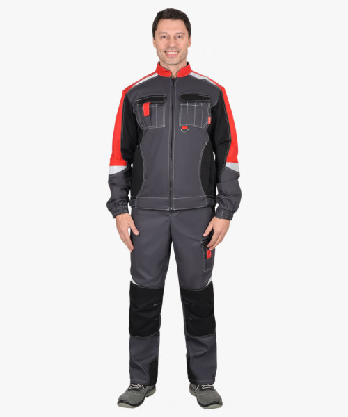 Костюм мужской летний СИРИУС-ФАВОРИТ-МЕГА куртка и полукомбинезон, серый с черным и красным, СОП