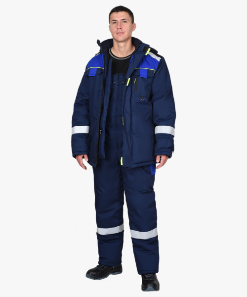 Костюм СИРИУС-БОСТОН-РОСС зимний, куртка длинная, п/к, синий с васильковым, чёрной отделкой и СОП