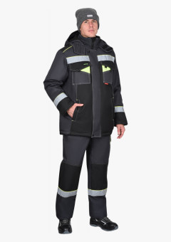 Костюм СИРИУС-ХОВАРД-М зимний, куртка длинная, брюки, темно-серый с черным, лимонной отделкой и СОП