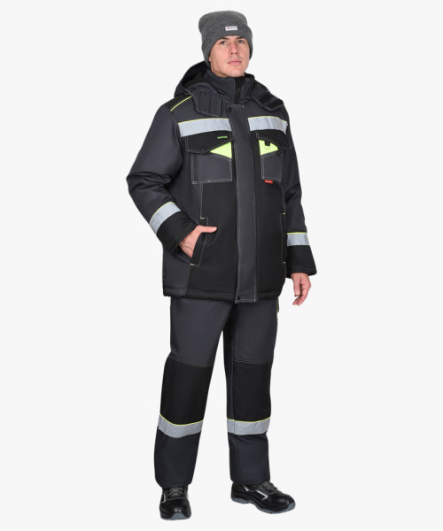 Костюм СИРИУС-ХОВАРД-М зимний, куртка длинная, брюки, темно-серый с черным, лимонной отделкой и СОП