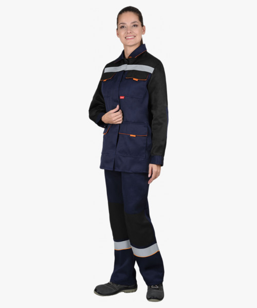Костюм СИРИУС-УДАРНИЦА женский, куртка, п/к, темно-синий с черным с оранжевой отделкой и СОП