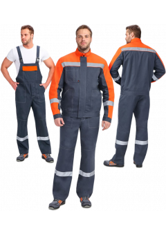Костюм мужской Бриготек-2 СОП (тк.Смесовая,260) полукомбинезон, тёмно-серый, оранжевый