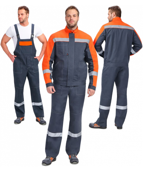 Костюм мужской Бриготек-2 СОП (тк.Смесовая,260) полукомбинезон, тёмно-серый, оранжевый