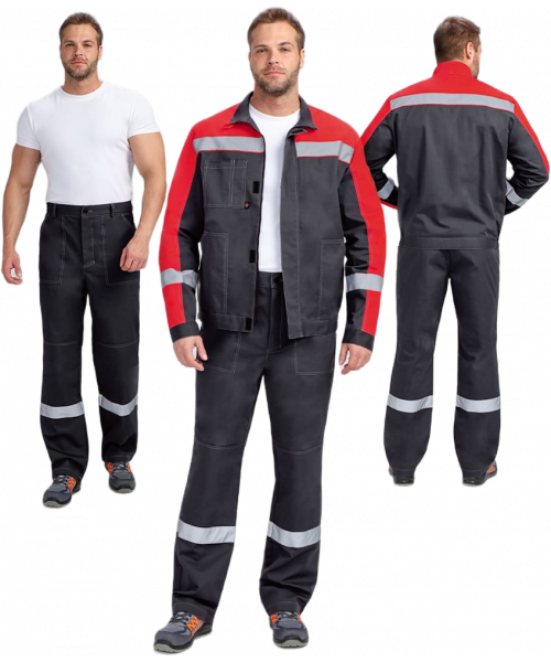 Костюм мужской Бриготек-1 СОП (тк.Смесовая,260) брюки, тёмно-серый, красный