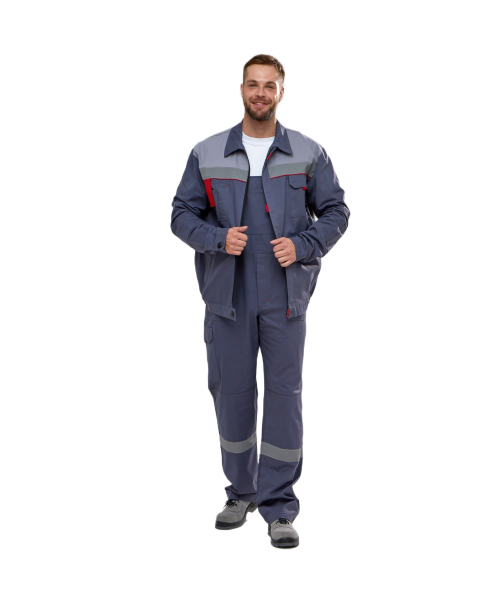 Костюм мужской Флофт-2 СОП (тк.Саржа,250) полукомбинезон, тёмно-серый, светло-серый, красный