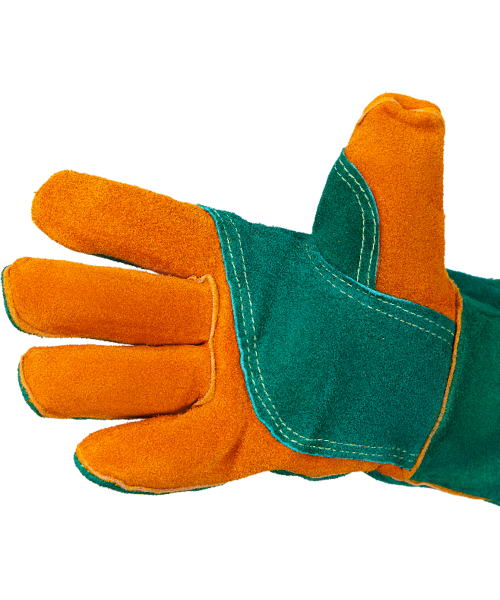 Краги из спилка зелёного цвета с усилением, прошиты огнеупорной нитью Green Welder Gward