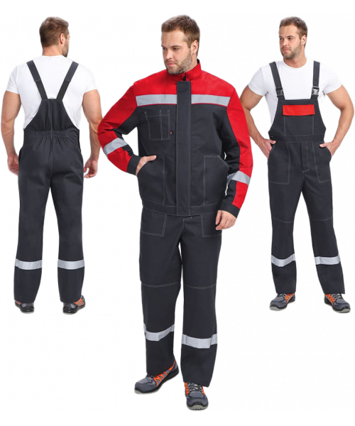 Костюм мужской Бриготек-2 СОП (тк.Смесовая,260) полукомбинезон, тёмно-серый, красный
