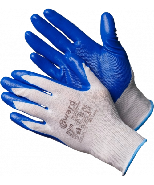 Перчатки из полиэстера/нейлона белые с синим нитриловым покрытием Blue Gward